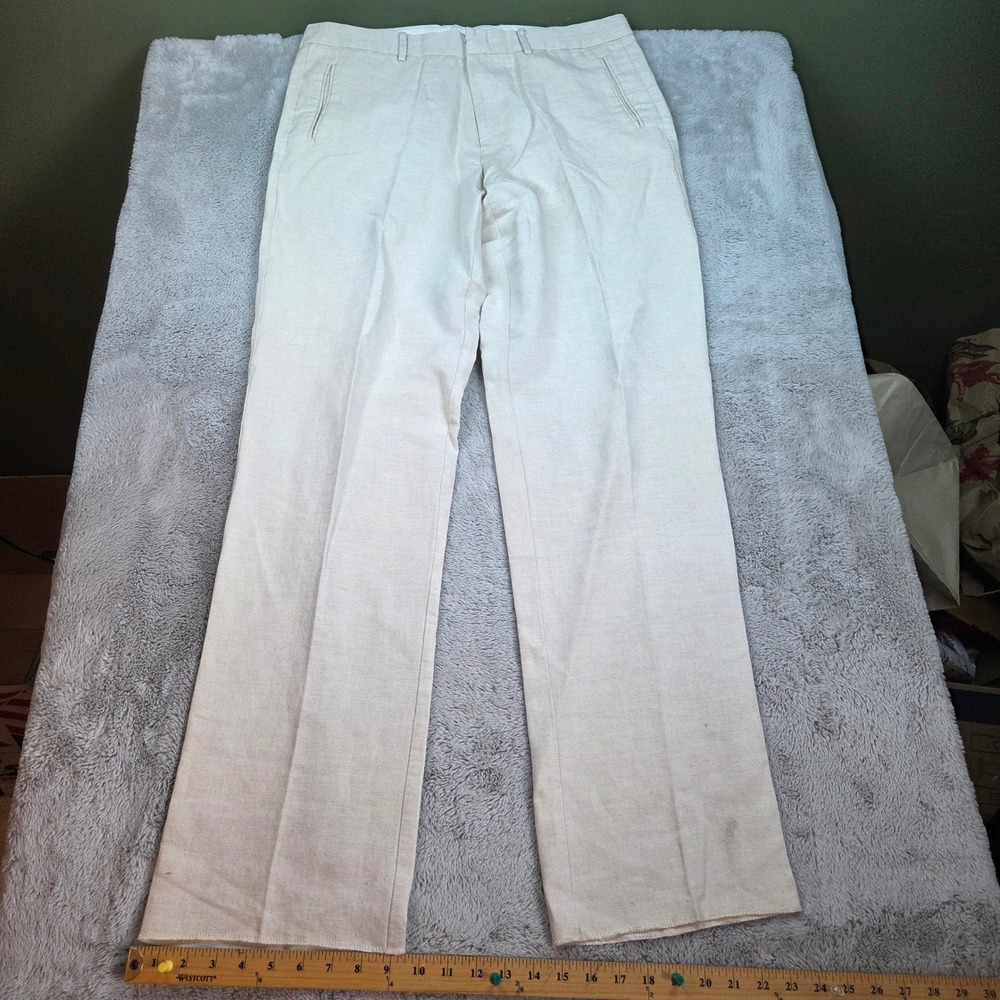 Martin Gordon Linen Cotton Trousers Mens 38W Straight Leg Flat Front Cream Tan